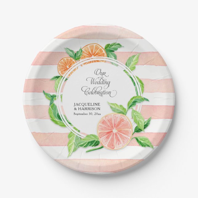 Wedding Celebration Pink Striped Citrus Orange Art Paper Plate (Front)