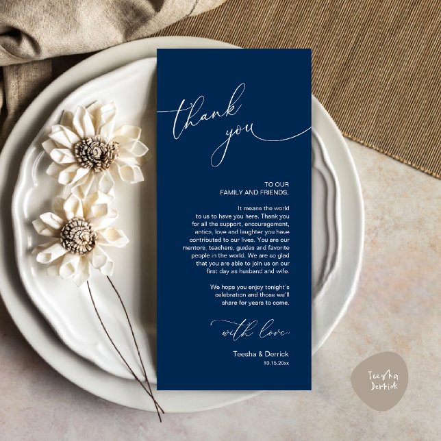 Wedding Celebration Place Setting Thank You Card (Wedding Dinner Celebration Place Setting Thank You Modern Romantic Card in Navy Blue)
