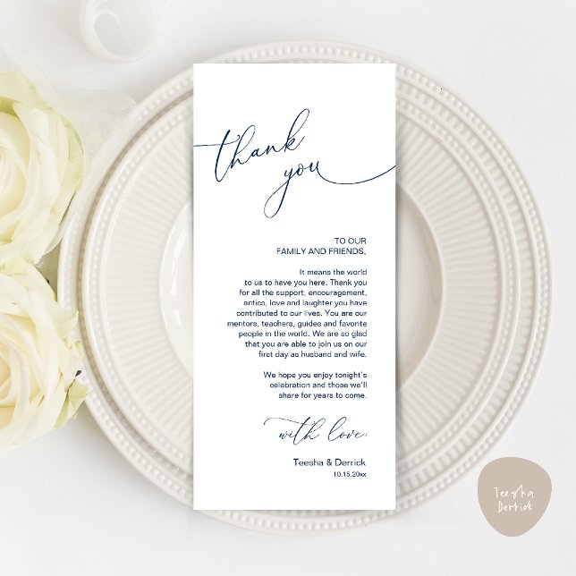 Wedding Celebration Place Setting Thank You Card (Wedding Dinner Celebration Place Setting Thank You Modern Romantic Card in Navy Blue)