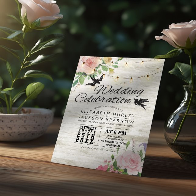 Wedding Celebration White Wood Floral String Light Invitation (Creator Uploaded)