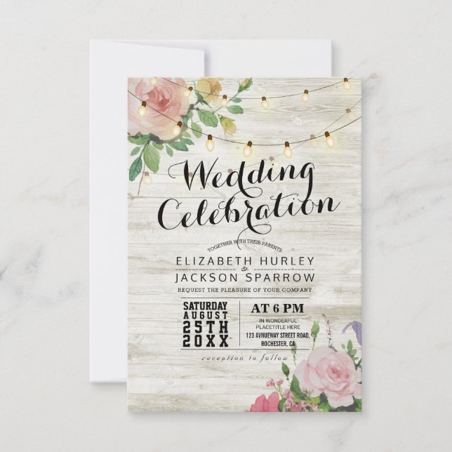 Wedding Celebration White Wood Floral String Light Invitation (Front)