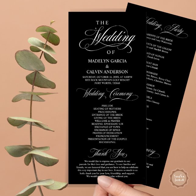 Wedding Ceremony, Classy Elegance Black Programme (Wedding Ceremony Program Card, in Modern Classy Elegant Design, in Timeless Black)
