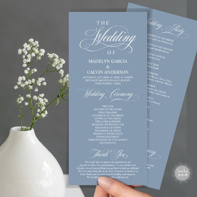 Wedding Ceremony, Classy Elegance Dusty Blue Programme (Wedding Ceremony Program Card, in Modern Classy Elegant Design, in Dusty Blue)