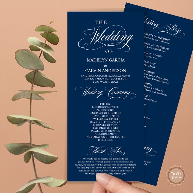 Wedding Ceremony, Classy Elegance Navy Blue, Programme (Wedding Ceremony Program Card, in Modern Classy Elegant Design, in Navy Blue)