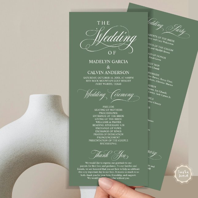 Wedding Ceremony, Classy Elegance Sage Green Programme (Wedding Ceremony Program Card, in Modern Timeless Classy Elegant Design, in Forest Sage Green)