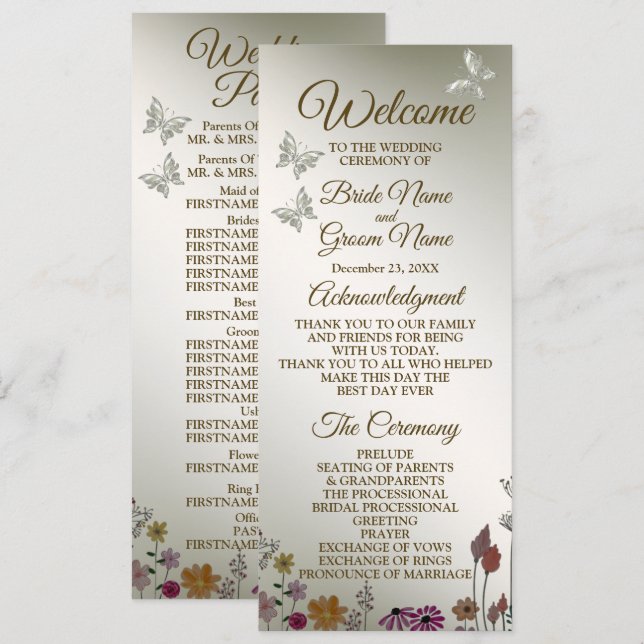 Wedding Ceremony Colourful Garden Flowers Rustic Programme (Front/Back)