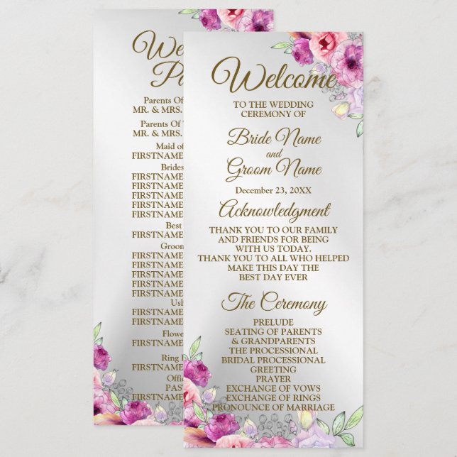 Wedding Ceremony Colourful Pink Floral Golden Programme (Front/Back)
