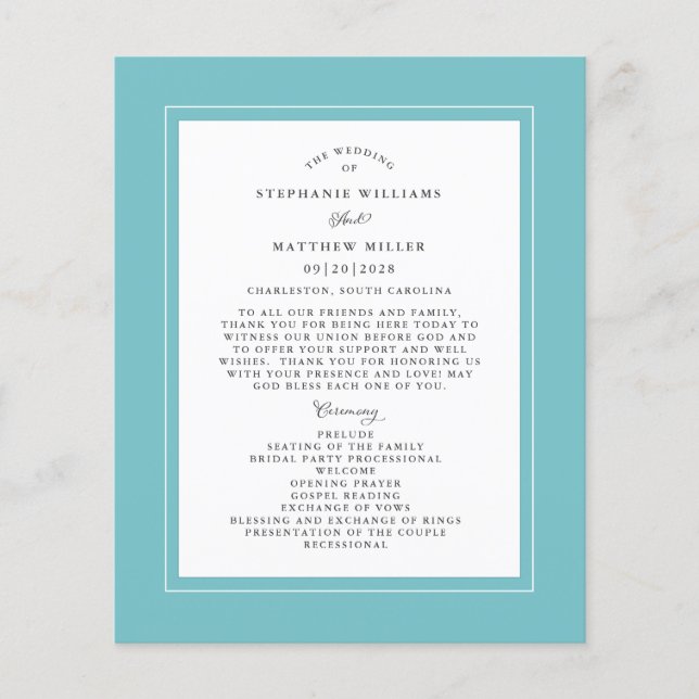 Wedding Ceremony Elegant Budget Aqua Program (Front)