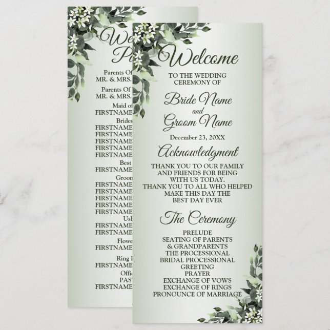Wedding Ceremony Floral Greenery Eucalyptus Leaves Programme (Front/Back)