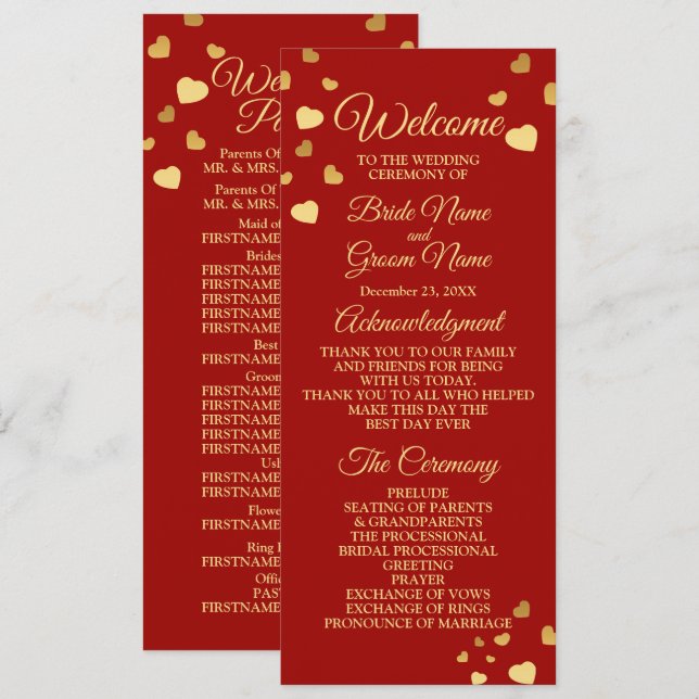 Wedding Ceremony Golden Birds Hearts Red Shiny Programme (Front/Back)