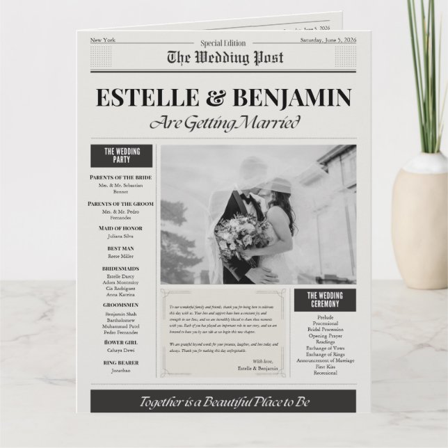 Wedding Ceremony Newspaper Program Card (Front)