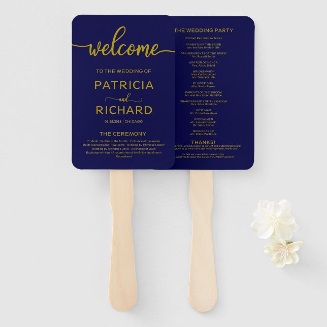 Wedding Ceremony Order of Service Gold Navy Blue Hand Fan (Front and Back)