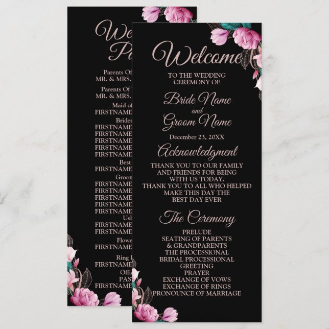 Wedding Ceremony Pink Floral Black Modern Programme (Front/Back)