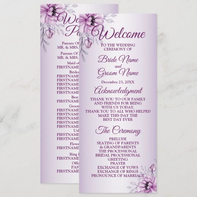 Wedding Ceremony Pink Floral Violet Purple Frame Programme (Front/Back)