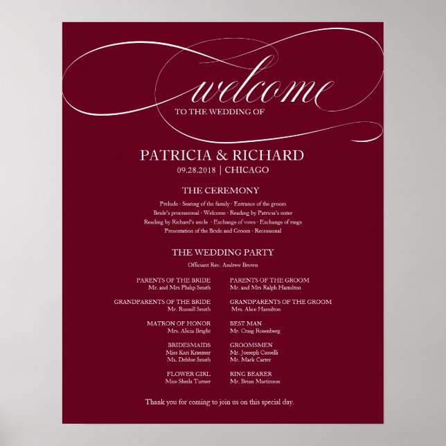 Wedding Ceremony Program Burgundy Marsala Poster (Front)