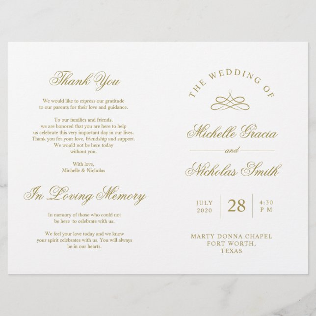Wedding Ceremony Program Classic Elegance Gold (Front)