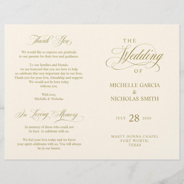 Wedding Ceremony Program Classic Elegance Gold (Front)