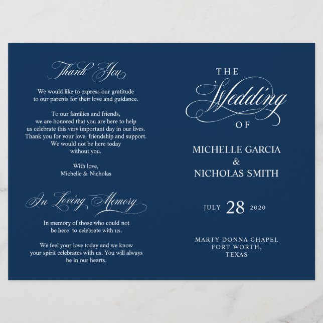 Wedding Ceremony Program Classic Elegance Navy (Front)