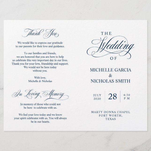 Wedding Ceremony Program Classic Elegance Navy (Front)