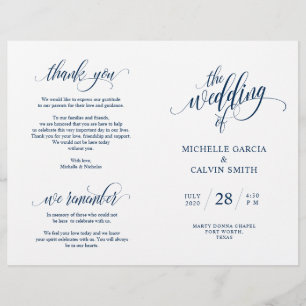 Wedding Ceremony Program Elegance Script Navy Blue