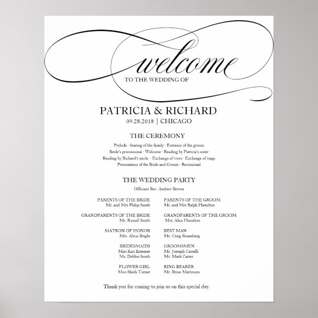 Wedding Ceremony Program Elegant Black Script Poster (Front)