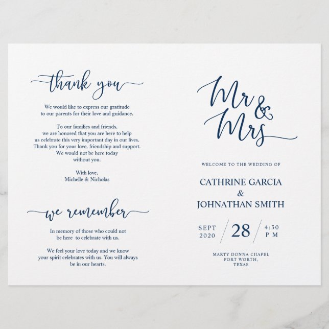 Wedding Ceremony Program, Elegant Script Blue Navy (Front)