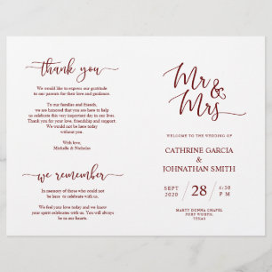 Wedding Ceremony Program, Elegant Script Burgundy