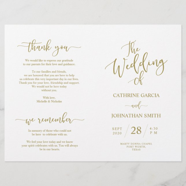 Wedding Ceremony Program, Elegant Script Gold (Front)