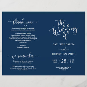 Wedding Ceremony Program, Elegant Script Navy Blue