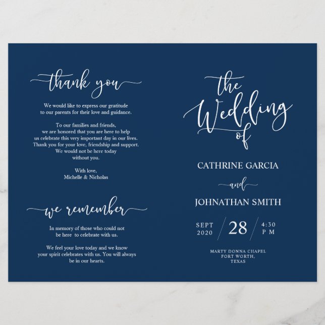 Wedding Ceremony Program, Elegant Script Navy Blue (Front)