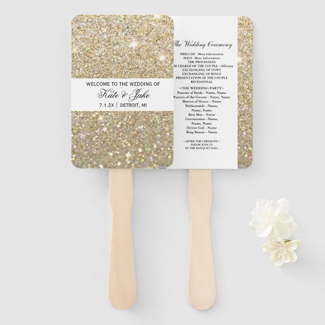 Wedding Ceremony Program Fan - Gold Glitter Fab (Front and Back)