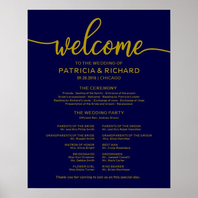 Wedding Ceremony Program Gold Navy Blue Poster (Front)