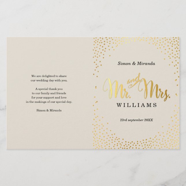 WEDDING CEREMONY PROGRAM mini gold confetti cream (Front)