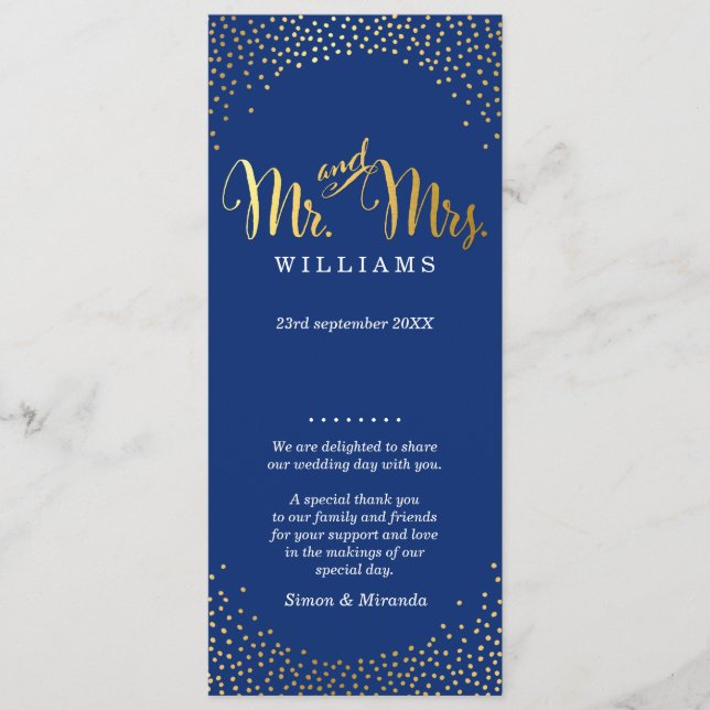 WEDDING CEREMONY PROGRAM mini gold confetti navy Programme (Front)