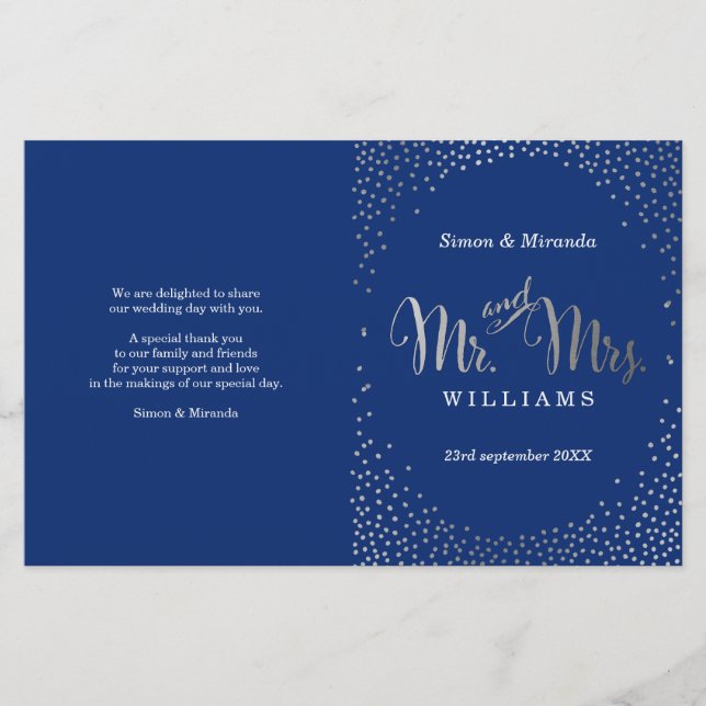 WEDDING CEREMONY PROGRAM mini silver confetti navy (Front)