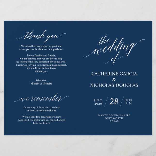 Wedding Ceremony Program Modern Elegance Navy Blue (Front)