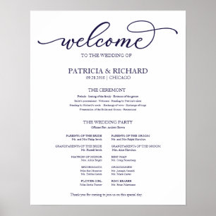Wedding Ceremony Program Navy Blue Script Sign