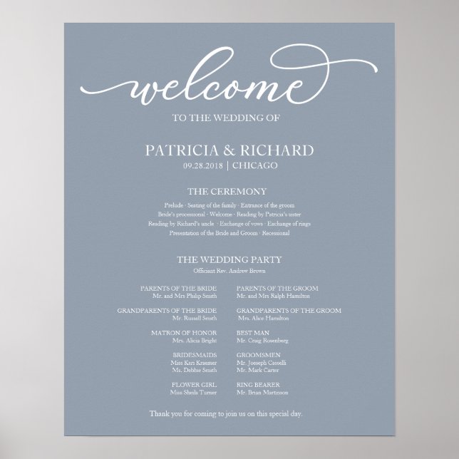 Wedding Ceremony Program Script Dusty Blue Sign (Front)