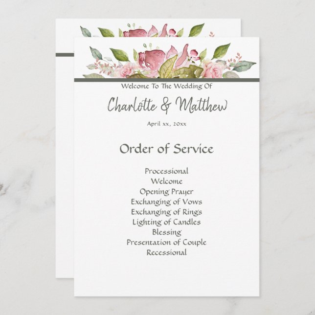 Wedding Ceremony Program Watercolor Pink Roses Invitation (Front/Back)