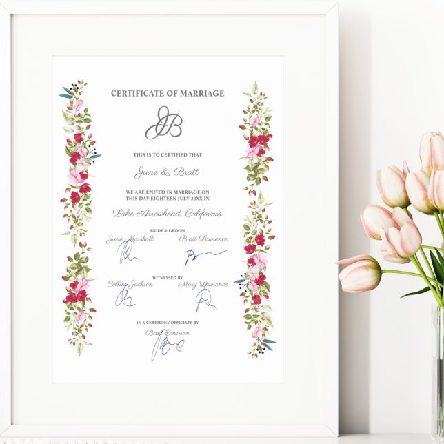 Wedding Certificate Floral Pink & Red Garland Poster (Creator Uploaded)