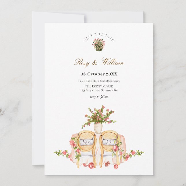 Wedding chairs with plants save the date (Front)