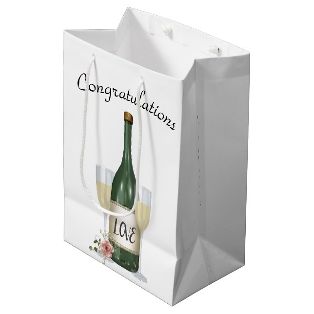 Wedding Champagne Bottle On White Medium Gift Bag (Front Angled)