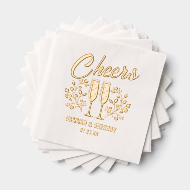 Wedding Champagne Flowers Cheers Custom Name Date Foil Napkins (Insitu (Stacked))