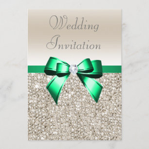 Wedding Champagne Sequins Shamrock Green Bow Invitation