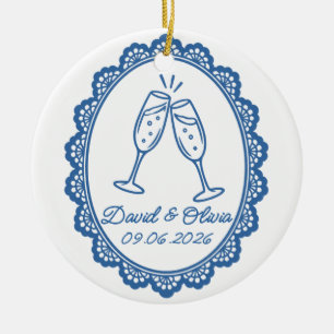 Wedding Champagne Toast Names & Date Ceramic Tree Decoration