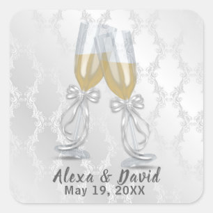 Wedding Champagne Toast On Damask  Square Sticker