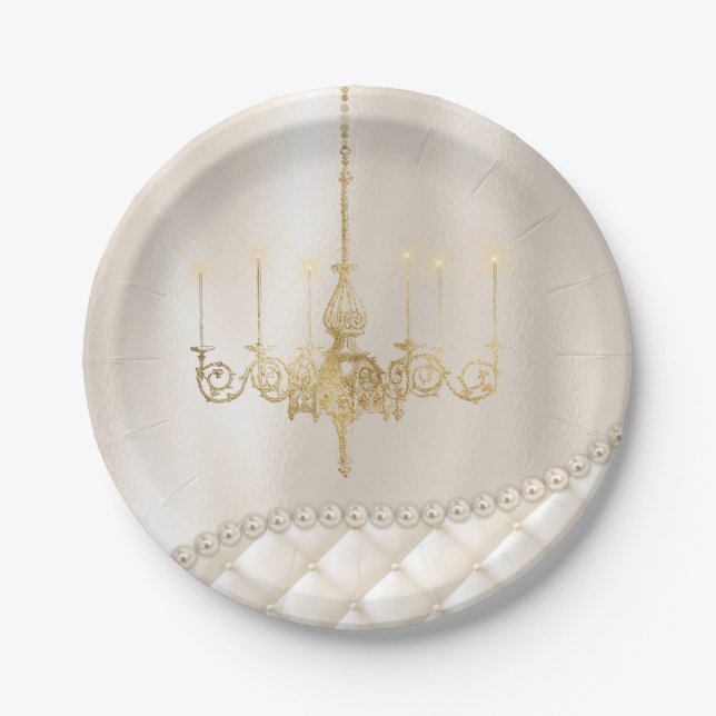Wedding Chandelier Lighting Ivory Pearls Paper Paper Plate (Front)