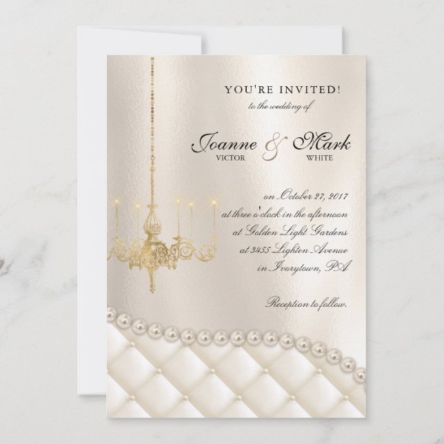Wedding Chandelier Lighting Ivory Pearls Satin Invitation (Back)