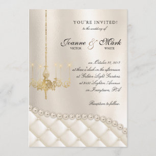 Wedding Chandelier Lighting Ivory Pearls Satin Invitation