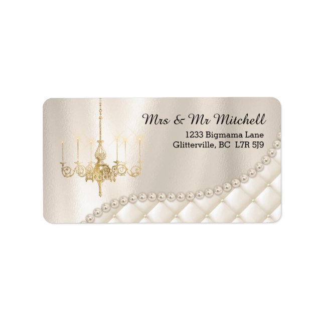 Wedding Chandelier Lighting Ivory Pearls Satin Label (Front)